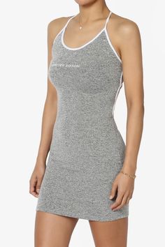 Turn heads with our Limited Edition Bodycon Mini Tank Dress, a perfect blend of streetwear chic and night-out flair.This fitted knit dress features a halter scoop neck with a striking criss-cross open back, making it ideal for beach festivals or casual weekends.Its lightweight stretch fabric ensures a snug, yet comfortable fit, suitable for any summer or spring occasion.Pair it with sleek heels or trendy sneakers for a versatile, modern look.Flaunt the exclusive TheMogan Bodycon Mini Tank Dress, a coveted piece for any fashion-forward wardrobe.Features a halter scoop neck and a captivating criss-cross open back, perfect for summer festivals or night outs.Crafted with a lightweight, stretch knit fabric, ensuring a figure-hugging fit that's both comfortable and stylish.A versatile staple, id Casual Fitted Bodycon Dress With Built-in Bra, Casual Stretch Backless Bodycon Dress, Sporty Scoop Neck Summer Dress, Casual Stretch Bodycon Dress With Backless Design, Stretch Cross Back Dresses With Built-in Bra, Fitted Sleeveless Mini Dress For Workout, Stretch Dresses With Built-in Bra And Cross Back, Casual Scoop Neck Stretch Bodycon Dress, Sporty Fitted Scoop Neck Dress