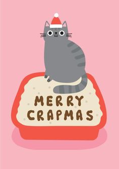 a gray cat sitting on top of a red container with merry crumps written on it