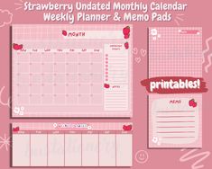 a pink calendar with strawberries on it and the words strawberry united, month - by - month