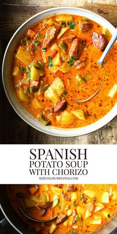 spanish potato soup with chorizo in a white bowl on top of a wooden table