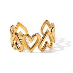 Spread some love with this adorable Hearts Open Ring. Perfect for adding a touch of romance to any outfit, this girly piece is sure to turn heads. Show off your cute side with this playful and eye-catching ring. Don't miss out on this must-have addition to your jewelry collection! Metal: 18K Gold over Stainless Steel Size: Adjustable/ as is fits size 7 Girly Design, Hollow Heart, Heart Chain, Waterproof Jewelry, Love Ring, Open Ring, Stainless Steel Rings, Love Symbols, Chain Ring