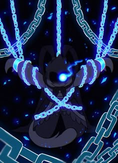 an anime character with chains around his neck and eyes glowing in the dark blue light