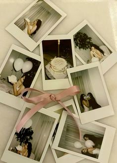 several polaroid photos with pink ribbon and balloons in the background, all stacked on top of each other