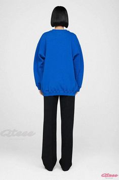 Qteee - Embroidered Alphabet Loose-Fit Fleece Sweater with Ribbed Round Neck Blue Oversized Crew Neck Outerwear, Oversized Blue Crew Neck Outerwear, Blue Crew Neck Outerwear For Loungewear, Embroidered Alphabet, Sleeping Gown, Yoga Tights, Round Neck Design, Cozy Loungewear, Round Neck Sweatshirts