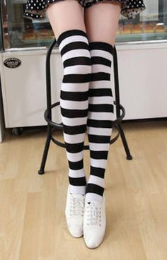 New Women's Stocking Thigh High Over the Knee Socks  Black and White Stripes Thickness: Thick Material : 80% lambs wool Quantity: 1pair Very soft and comfortable In the winter to protect your knees and legs Ready to ship! Black And White Striped Socks Outfit, Long Striped Socks, Striped Knee High Socks Outfit, Stretch Thigh High Legwear For Cosplay, Thigh High Stretch Legwear For Cosplay, White Harajuku School Bottoms, White Harajuku Style School Bottoms, Stretch Knee-high Socks For Cosplay, Fitted Thigh High Stockings For Cosplay