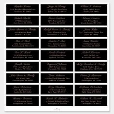 black and white wedding seating cards with the names of each event, including two rows of seats