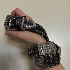 Christine Alexander Rhinestone Silver Leather Belt Never Worn. Perfect Condition. Western Southwestern Cowboy Country Stagecoach Boho Bohemian Western Silver Jewelry For Parties, Western Style Silver Jewelry For Party, Western Style Silver Party Jewelry, Luxury Embellished Silver Jewelry, Luxury Silver Embellished Jewelry, Boho Bohemian, Leather Belt, Black Silver, Belts