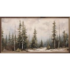 a painting with trees in the background and snow on the ground, framed by a wooden frame