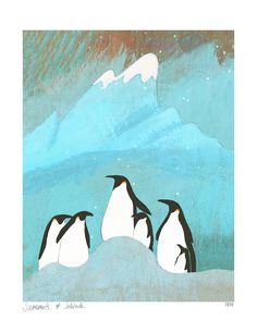 three penguins are standing in the snow