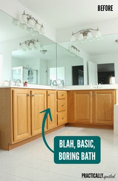 before and after photos of a bathroom remodel with wood cabinets, white tile floor