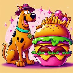 a cartoon dog sitting next to a giant hamburger