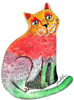 a drawing of a cat sitting on top of a green leafy plant with red and orange colors