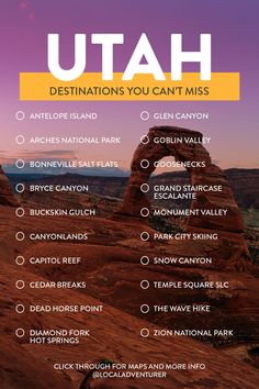 the utah destinations you can't miss info sheet with an image of arches and mountains