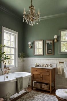 a bath room with a tub a sink and a chandelier above the toilet