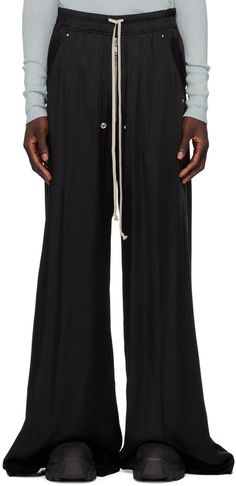 Rick Owens: Black Porterville Bela Trousers | SSENSE Satin Trousers, Mens Fashion Streetwear, Tapered Trousers, 2024 Trends, Fashion Streetwear, Straight Leg Trousers, Wide Leg Trousers