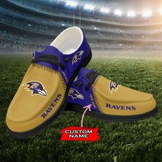 The Baltimore Ravens NFL Personalized Hey Dude Sports Shoes are the ultimate footwear for die-hard fans of this legendary football team. Created with precision and passion, these custom shoes from JWFancy Exclusive are a perfect gift to show off your team pride in style. Featuring a unique custom name design, these shoes allow you to add your personal touch and make a statement wherever you go. Whether you want to represent your own name, a favorite player, or a catchy phrase, these shoes can be Black Team Spirit Sneakers For Sports Events, Team Sneakers For Game Day, Sporty Black Sneakers For Game Day, Custom Lace-up Sneakers For Sports Events, Loafer Shoes For Men, Nfl Baltimore Ravens, Hey Dude Shoes, Exclusive Shoes, Shoes Custom