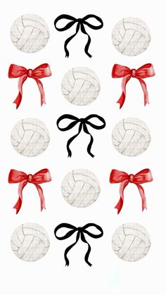 six volleyballs tied with red ribbon and bows on white background, all in different shapes