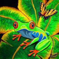 a painting of a frog with a butterfly on it's back sitting on a green leaf