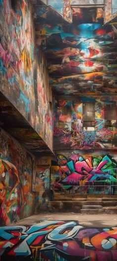 the interior of an abandoned building with graffiti on the walls and floor, painted in bright colors