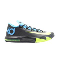 Find NIKE Kd 6 'away 2 on Editorialist. Designed by Leo Chang, the KD 6 was the first low-top model in the Kevin Durant line. Like the KD 6 ‘Away’ that dropped in October 2013, this 2014 ‘Away 2’ colorway was created for Durant to wear on the road. It features a subtle lightning-inspired pattern across its black and Vivid Blue upper, with hits of Volt on the eyelets and oversized Swoosh branding. It also boasts a speckled black midsole with Volt highlights on the forefoot and Max Air heel unit. Low Top Nikes, Kd 6, Nike Low Tops, Nike Heels, Nike Kd, Black Cushions, Latest Sneakers, Kevin Durant, Sneaker Heels