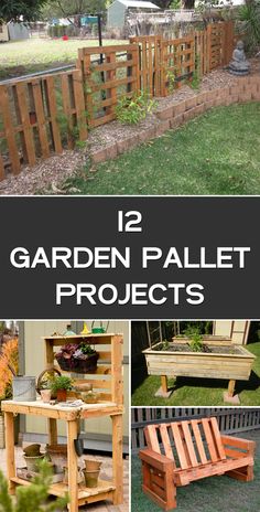 garden pallet projects with text overlay that reads, 12 garden pallet projects