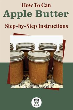 Image of seven sealed jars of apple butter on a kitchen countertop, with the text "How To Can Apple Butter Step-by-Step Instructions" and a jar icon below. The background features a combination of beige and green colors, framing the jars and emphasizing the detailed guide for canning apple butter. Canning Apple Butter Water Bath, How To Can Apple Butter, Canned Apple Butter Recipe, Apple Butter Canning Recipe, Apple Butter Recipe Canning, Apple Butter For Canning, Can Apple Butter, Canned Apple Butter, Canning Apple Butter