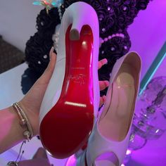 These White Red Bottoms Have Never Been Use (100% Authentic). White Heels With Red Sole For Spring, White Pointed Toe Heels With Red Sole, White Almond Toe Heels With Red Sole, White Heels With Red Sole For Evening, White Almond Toe Heels With Branded Insole, Designer White Almond Toe Heels, Luxury White Wedding Shoes With Padded Heel, Designer White Heels With Padded Heel, Designer High Heel White Wedding Shoes