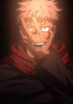 an anime character with blonde hair and red eyes is smiling at the camera while holding his hand up to his face