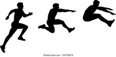 three silhouettes of running men in different poses, one jumping and the other leaping