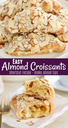 almond croissants are stacked on top of each other and ready to be eaten