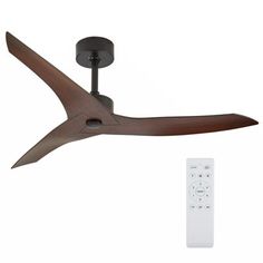 a ceiling fan with remote control attached to the blade and blades on each side, in front of a white background