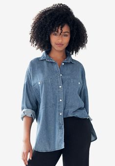 This classic denim “big shirt” doubles your style: wear it layered over a tank or tee, or solo, buttoned-up over your favorite pants or leggings. Lush cotton denim washed to an incredible softness. Button-front placketRelaxed silhouetteLong sleeves; button cuffs2 front patch pockets with pearlized buttonsCurved hi-low hemApprox. 32" upper thighCotton denim Machine wash cold, imported. Plus Size Denim Shirt, Swedish Fashion, Plus Size Denim, Knit Maxi Skirt, Big Shirt, Swimsuits For All, Cute Simple Outfits, Knit Pants, Sweater Blouse