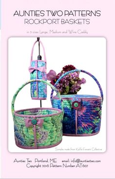 two baskets with flowers in them and the words, quilts two patterns rockport baskets