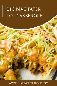 Easy dinner recipe that starts out with a base of ground beef, onions and dill pickles, all tossed in a copycat Big Mac sauce, and then topped with cheddar cheese and tater tots. Tater Tot Casserole | Ground Beef Casserole | Hamburger Casserole