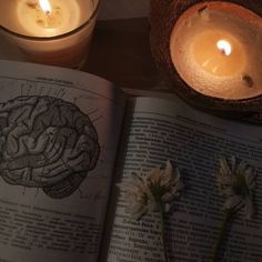 an open book sitting on top of a table next to a candle and some flowers