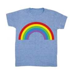 GNOME ENTERPRISES | Handprinted in New York.  Our Kids Rainbow t-shirt is printed by hand on a high quality, sweatshop-free super soft tee. - Unisex kids - Sizing corresponds approximately to age  - 52% cotton | 48% poly  - Color: light blue *When ordering our kid's tees, you may prefer to select one size up as they run very true to size. *Sizing corresponds approximately to age. Please take a moment to review our size chart before placing your order. Size | Weight (lbs) | Height (inches) | Ches Playful Rainbow Graphic Print T-shirt, Pre-shrunk Cotton Rainbow T-shirt, Playful Rainbow Print Top, Playful Rainbow Print Crew Neck Top, Fun Rainbow Print Tops, Playful Multicolor Rainbow Print T-shirt, Playful Crew Neck Top With Rainbow Print, Playful Cotton Tops With Rainbow Print, Playful Cotton Top With Rainbow Print