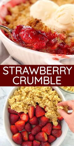 strawberry crumble with ice cream and strawberries in a bowl