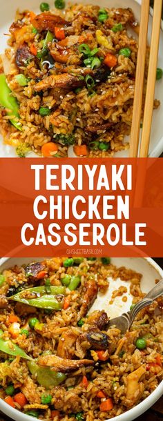 there is a plate with rice and vegetables on it, and the words teriyaki chicken casserole