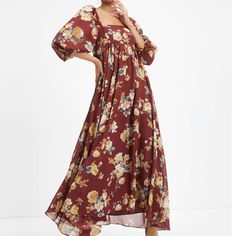 New With Tags Relaxed Fit 100% Polyester Hand Wash Cold, Dry Flat Maxi Length Square Neckline ¾ Sleeves With Elastic Cuffs Flowy Skirt Back Zipper Closure Lined Flowy Chiffon Maxi Dress With Square Neck, Brown Bohemian Chiffon Dress, Flowy Brown Chiffon Maxi Dress, Vici Dress, Floral Chiffon Maxi Dress, Magenta Dress, Pink Floral Maxi Dress, Polka Dot Maxi Dresses, Tie Maxi Dress