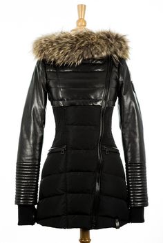 Black Winter Coat Leather Outerwear For Outdoor, Luxury Fitted Quilted Outerwear, Designer Fitted Outerwear For Outdoor, Designer Fitted Outdoor Outerwear, Fitted Leather Outerwear For Outdoor, Black Winter Coat, Down Parka, Fur Trim, Outerwear Women