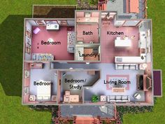 an overhead view of a house with the bedroom and living room labeled in red on top