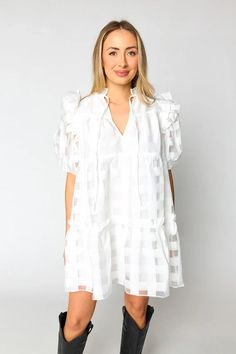 buddylove ensley puff sleeve mini dress in white-front Short Dress White, Brunch Dress, Puff Sleeve Mini Dress, Half Sleeve Dresses, Caftan Dress, The Talk, Matching Accessories, Vacation Dresses, Checkered Pattern