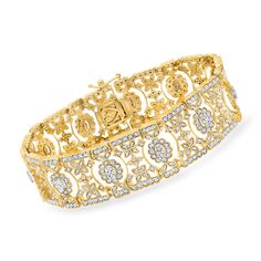 Ross-Simons - 3.00ct t. w. Diamond Openwork Floral Bracelet Over Sterling. 7". Blanketed with an impressive 550 round diamonds totaling 3.00 carats, this stunning bracelet showcases sparkling floral openwork from beginning to end. Finely crafted in polished 18kt yellow gold over sterling silver with milgrain detailing that adds elegance to every inch of the design. Double-latch safety. Box clasp, diamond openwork floral bracelet. Diamond birthstones are the perfect gift for April birthdays. Luxury Diamond Bracelet With Intricate Design, Formal Diamond White Diamond Bracelet With Pave Setting, Intricate Design Gold Bracelet For Formal Occasions, Cubic Zirconia Diamond Bracelet With Pave Setting For Formal, Formal Cubic Zirconia Diamond Bracelet With Pave Setting, Dazzling Diamond Bracelet With 17 Jewels For Anniversary, Elegant Diamond Bracelet With Intricate Design, Elegant Round Diamond Bracelet With Intricate Design, Elegant Diamond Bracelet With Intricate Design For Formal Occasions