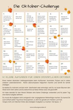 an autumn calendar with leaves on it and the words die okt - obeer - challenge