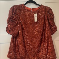 Nwt-Anthropologie Sequined, Lined Blouse, Ruched Short Sleeves, Crew Neck. Copper/ Burnt Orange/Rust. Size 8. Approximate Measurements As Noted: Pit -Pit 19-21”. Top To Bottom 21”; Waist (Loose Fit) 21-22”. Perfect For Special Event, Holidays Or Date Night. Orange Top For Fall Party, Orange Tops For Fall Party, Chic Orange Party Blouse, Fitted Orange Blouse For Party, Chic Orange Party Top, Fitted Orange Party Blouse, Orange Party Top For Fall, Orange Fall Party Top, Orange Tops For Night Out In Fall