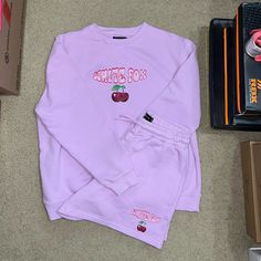 Super Cute White Fox Boutique Cherry Sweatshirt & Shorts Set, This Set Is Rare Not Sold On Website Anymore, Color Is Lavender Mixed With Pink, The Sweatshirt Has Never Been Worn Only Washed Once Size Woman’s M/L , And The Shorts Are Brand New With Tag Size Woman’s L, This Set Retails For $125 With Tax And Shipping, Cherry Sweatshirt, Sweatshirt Shorts, White Fox Boutique, White Fox, Shorts Set, Short Sets, Lavender, Cherry, Fox