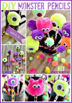 a collage of monster themed items with text overlay that reads diy monster pencils and free printable tags