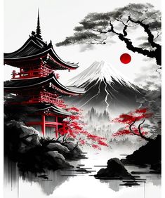 Temple Tattoo, Japanese Pop Art, Japan Landscape, Landscape Tattoo, Samurai Artwork, Japan Tattoo