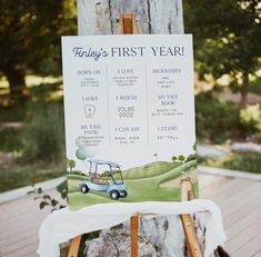 an easel with a sign on it that says, friday's first year