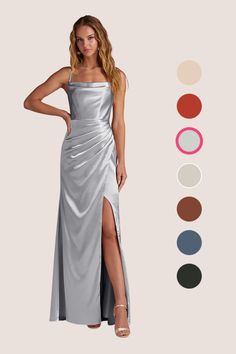 a woman in a long silver dress with different color options on the side and an image of